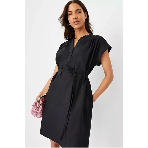 NWT Ann Taylor Linen Belted Split Neck Shirt Dress Sz XL Black Quiet Luxury Mini - Picture 10 of 10